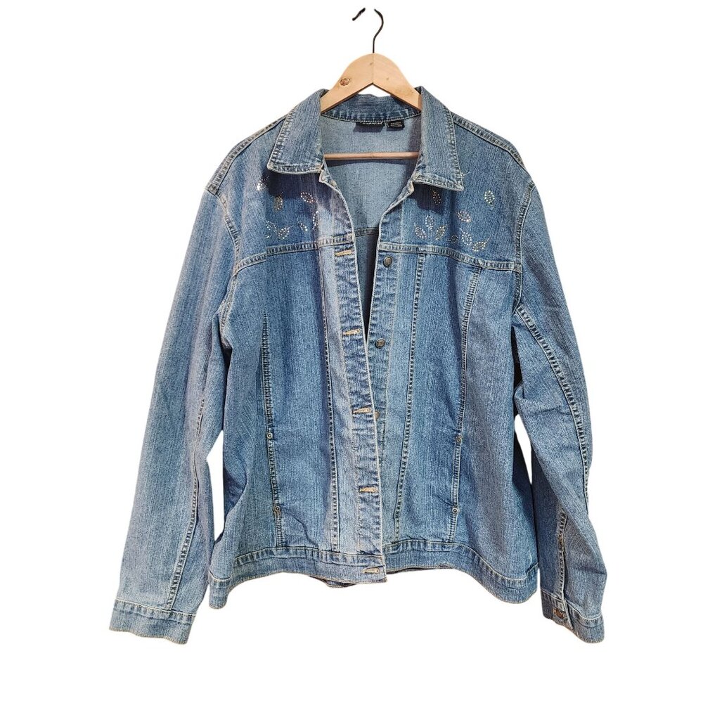 Sunburst Embellished Denim Jacket 3XL Womens Blue Rhinestone Accents